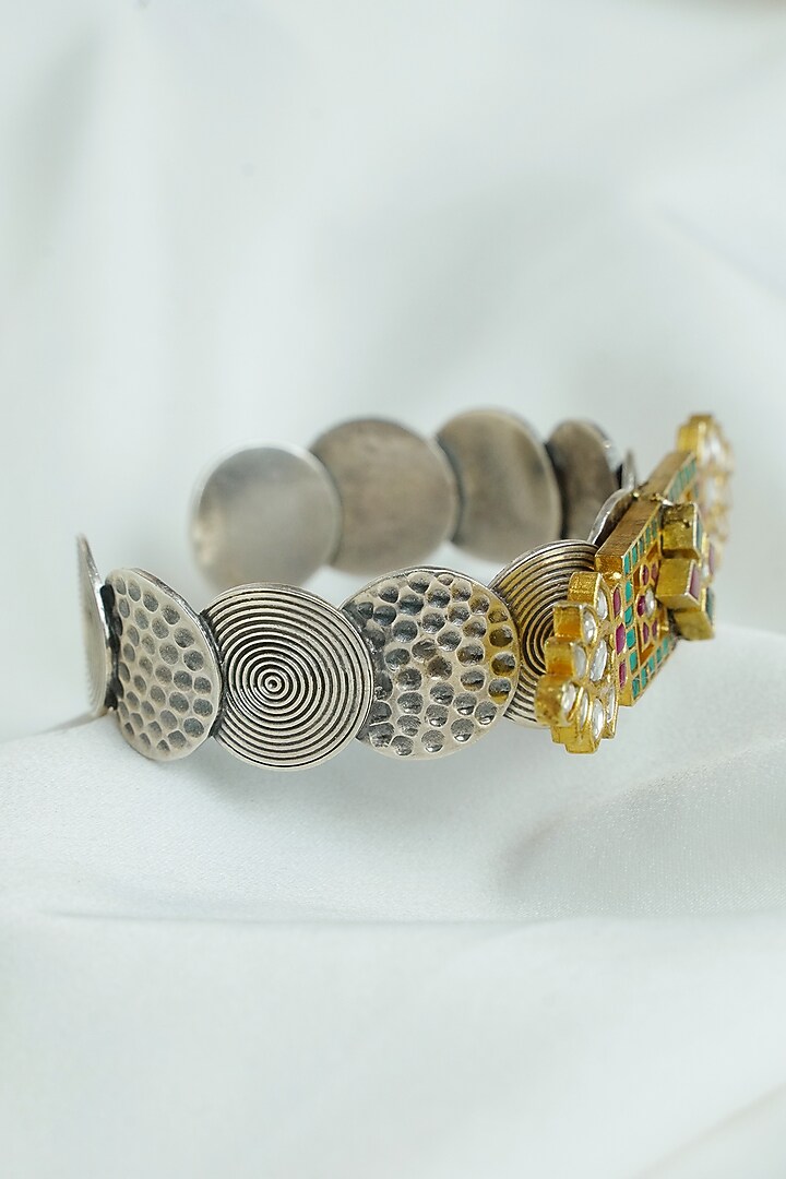 Gold Finish Kundan Polki Enameled Cuff In Sterling Silver by Swadeshi Pitara at Pernia's Pop Up Shop