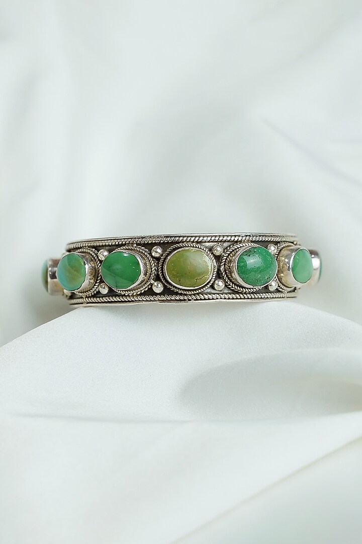 Antique Silver Finish Green Turquoise Stone Cuff In Sterling Silver by Swadeshi Pitara at Pernia's Pop Up Shop