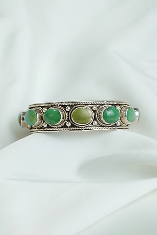 Antique Silver Finish Green Turquoise Stone Cuff In Sterling Silver by Swadeshi Pitara