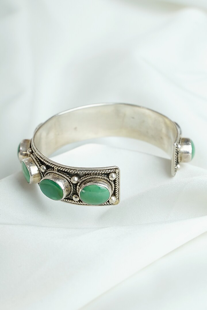 Antique Silver Finish Green Turquoise Stone Cuff In Sterling Silver by Swadeshi Pitara at Pernia's Pop Up Shop