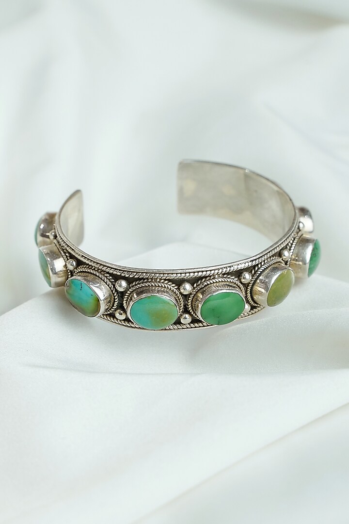 Antique Silver Finish Green Turquoise Stone Cuff In Sterling Silver by Swadeshi Pitara at Pernia's Pop Up Shop