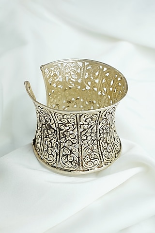 Oxidised Silver Finish Floral & Filigree Motifs Openable Chittai Cuff In Sterling Silver by Swadeshi Pitara