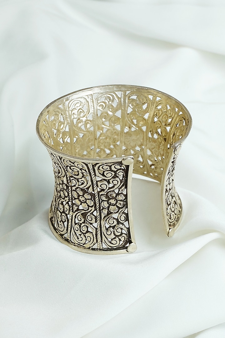 Oxidised Silver Finish Floral & Filigree Motifs Openable Chittai Cuff In Sterling Silver by Swadeshi Pitara at Pernia's Pop Up Shop
