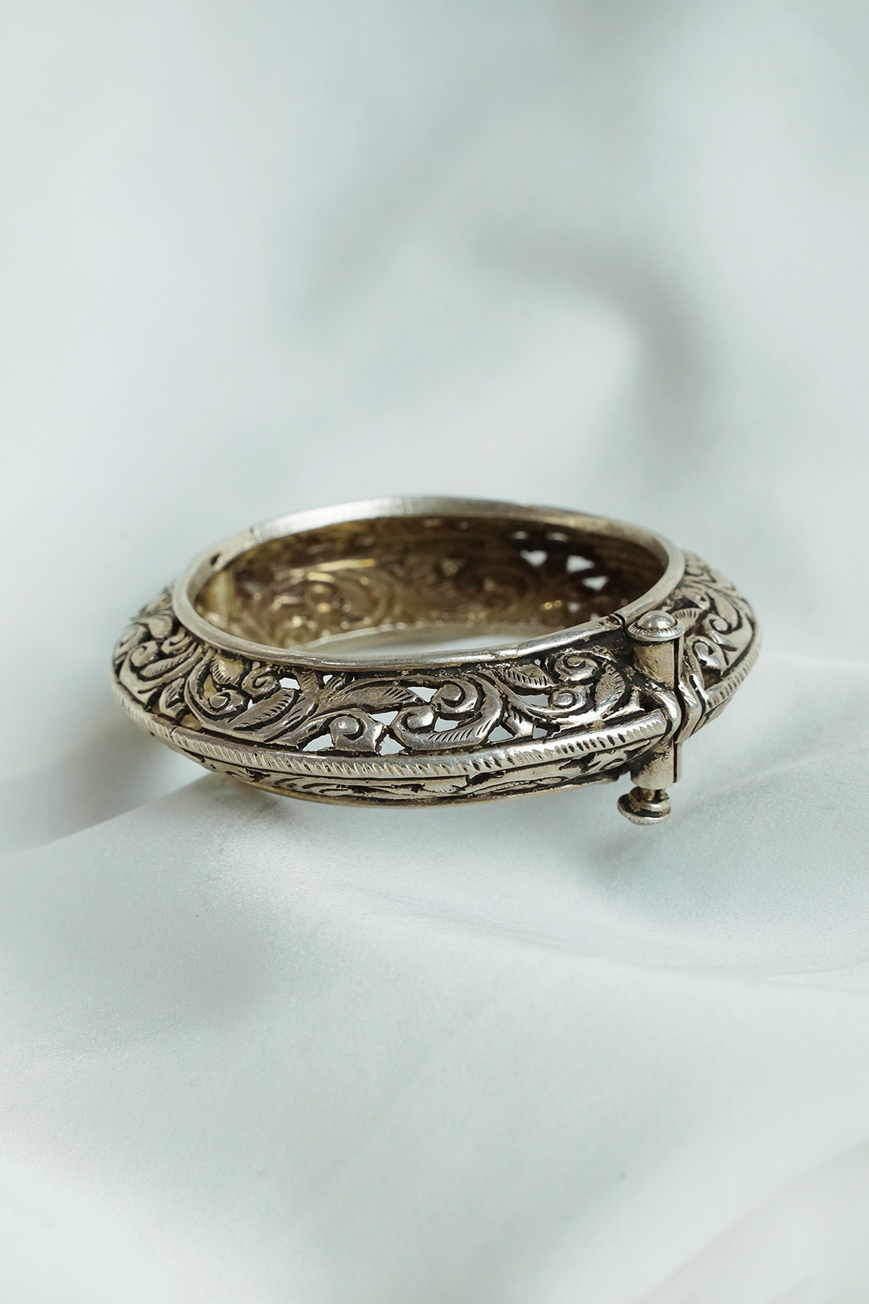Oxidised Silver Finish Hand-Carved Jaali Work Openable Bangle In Sterling Silver by Swadeshi Pitara at Pernia's Pop Up Shop