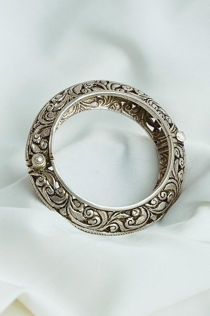 Oxidised Silver Finish Hand-Carved Jaali Work Openable Bangle In Sterling Silver by Swadeshi Pitara at Pernia's Pop Up Shop