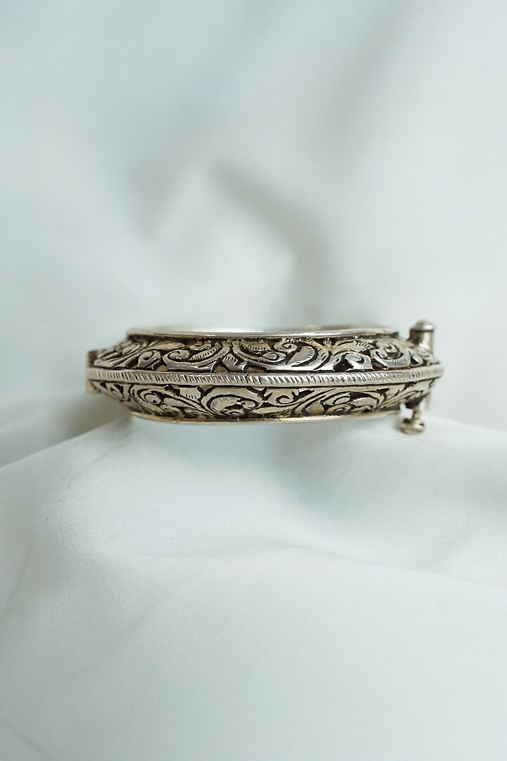 Oxidised Silver Finish Hand-Carved Jaali Work Openable Bangle In Sterling Silver by Swadeshi Pitara at Pernia's Pop Up Shop