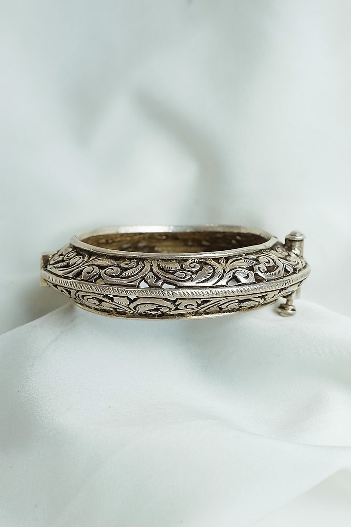 Oxidised Silver Finish Hand-Carved Jaali Work Openable Bangle In Sterling Silver by Swadeshi Pitara at Pernia's Pop Up Shop