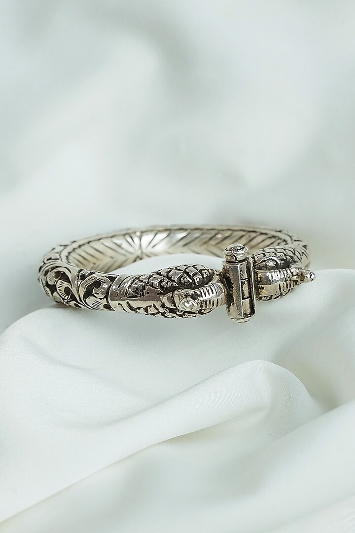 Oxidised Silver Finish Chittai Work Openable Peacock Bangle In Sterling Silver by Swadeshi Pitara at Pernia's Pop Up Shop