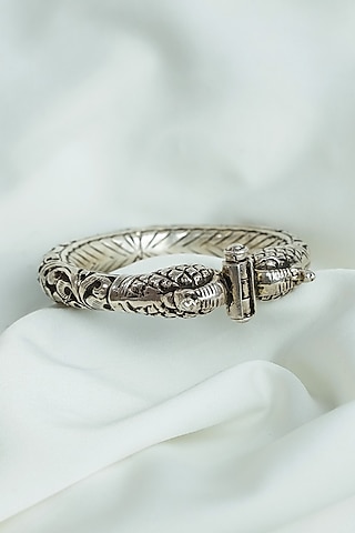 Oxidised Silver Finish Chittai Work Openable Peacock Bangle In Sterling Silver by Swadeshi Pitara