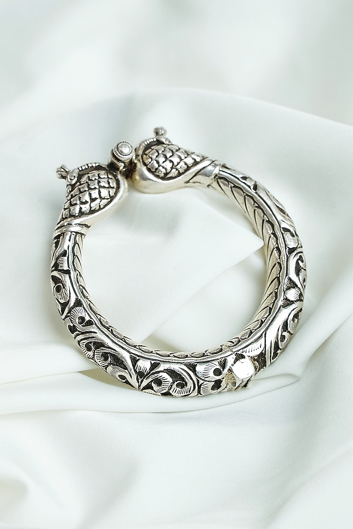 Oxidised Silver Finish Chittai Work Openable Peacock Bangle In Sterling Silver by Swadeshi Pitara at Pernia's Pop Up Shop