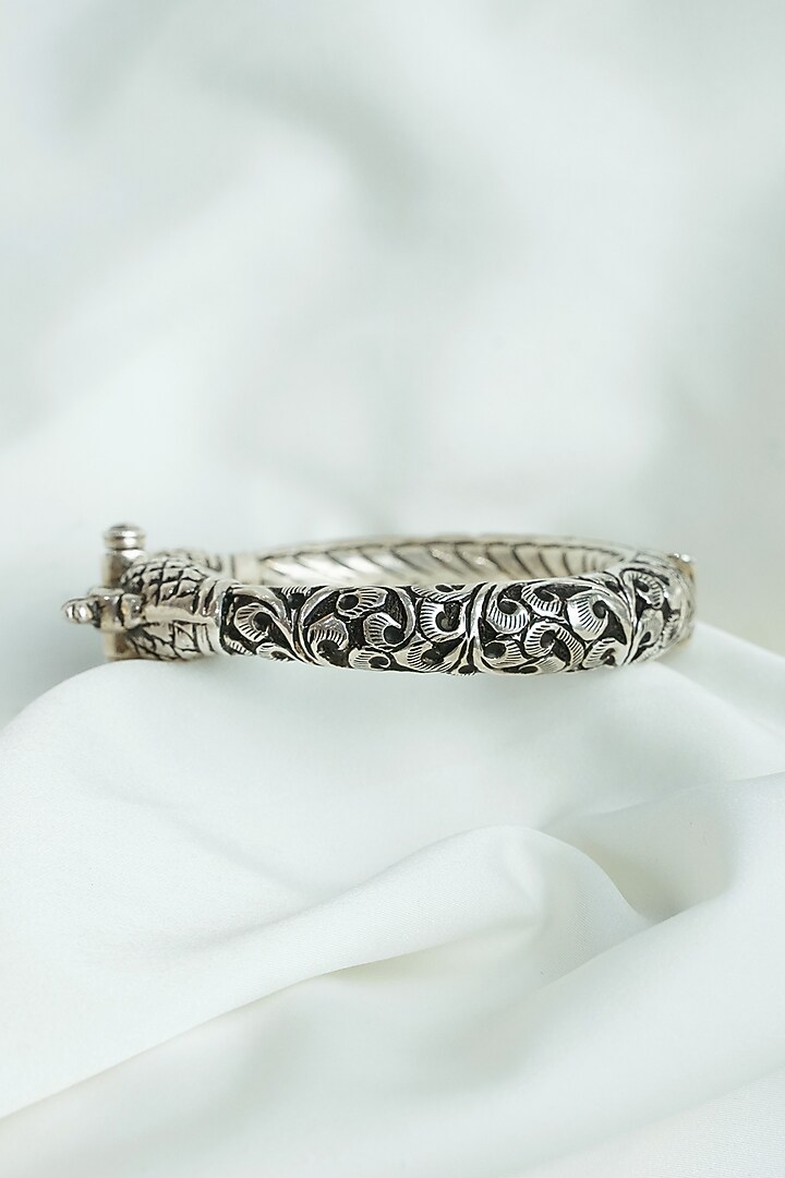 Oxidised Silver Finish Chittai Work Openable Peacock Bangle In Sterling Silver by Swadeshi Pitara at Pernia's Pop Up Shop