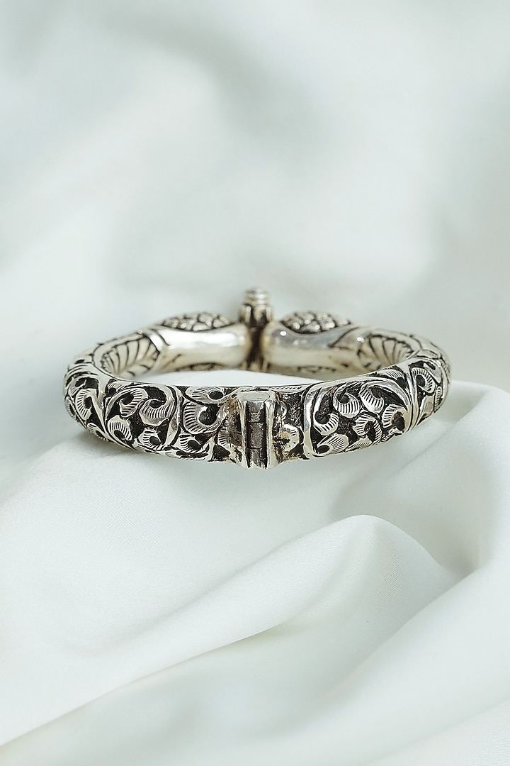 Oxidised Silver Finish Chittai Work Openable Peacock Bangle In Sterling Silver by Swadeshi Pitara at Pernia's Pop Up Shop