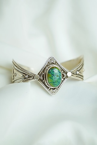 Oxidised Silver Finish Turquoise Gemstone Openable Cuff In Sterling Silver by Swadeshi Pitara