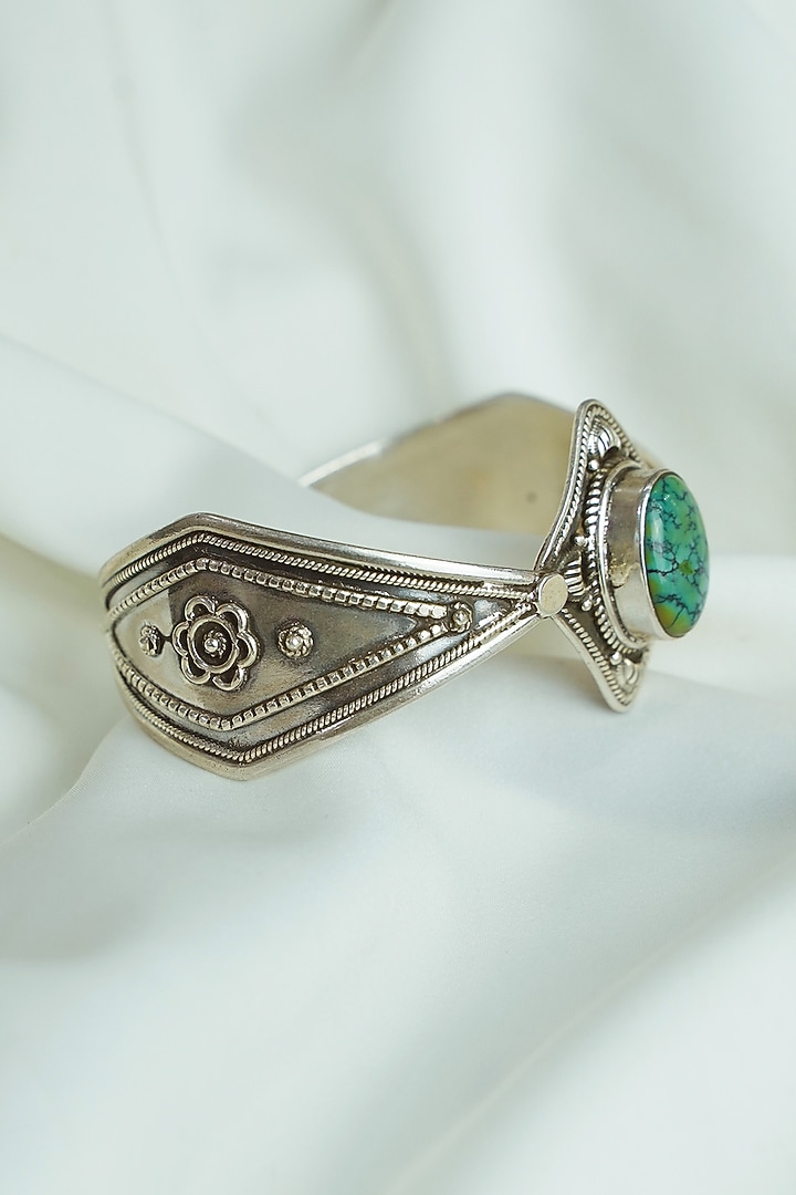 Oxidised Silver Finish Turquoise Gemstone Openable Cuff In Sterling Silver by Swadeshi Pitara at Pernia's Pop Up Shop