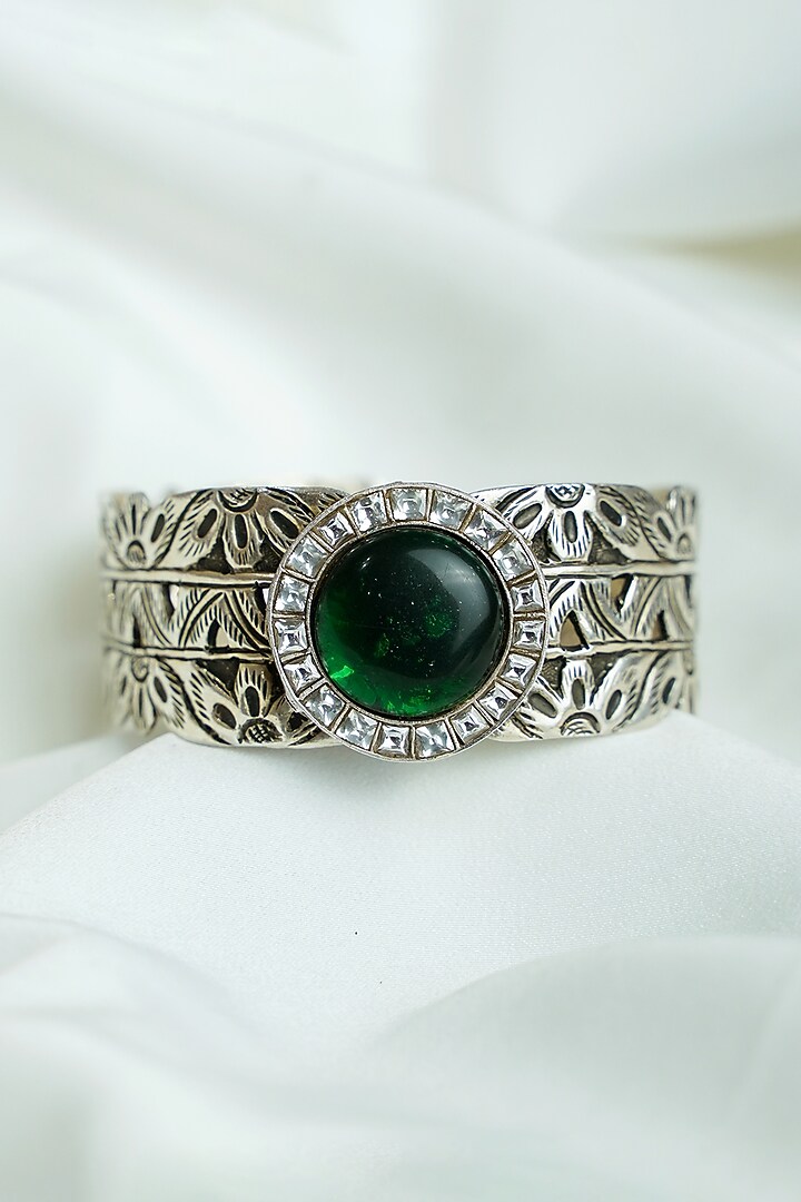 Silver Finish Emerald Green Gemstone Chittai Openable Cuff In Sterling Silver by Swadeshi Pitara at Pernia's Pop Up Shop