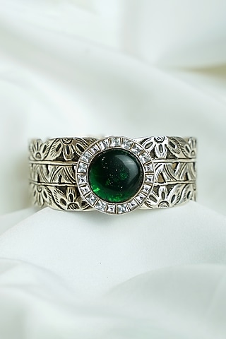 Silver Finish Emerald Green Gemstone Chittai Openable Cuff In Sterling Silver by Swadeshi Pitara