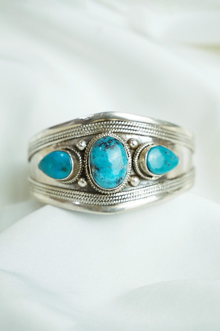 Silver Finish Turquoise Gemstones Openable Cuff In Sterling Silver by Swadeshi Pitara at Pernia's Pop Up Shop