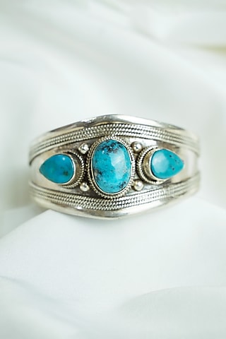 Silver Finish Turquoise Gemstones Openable Cuff In Sterling Silver by Swadeshi Pitara