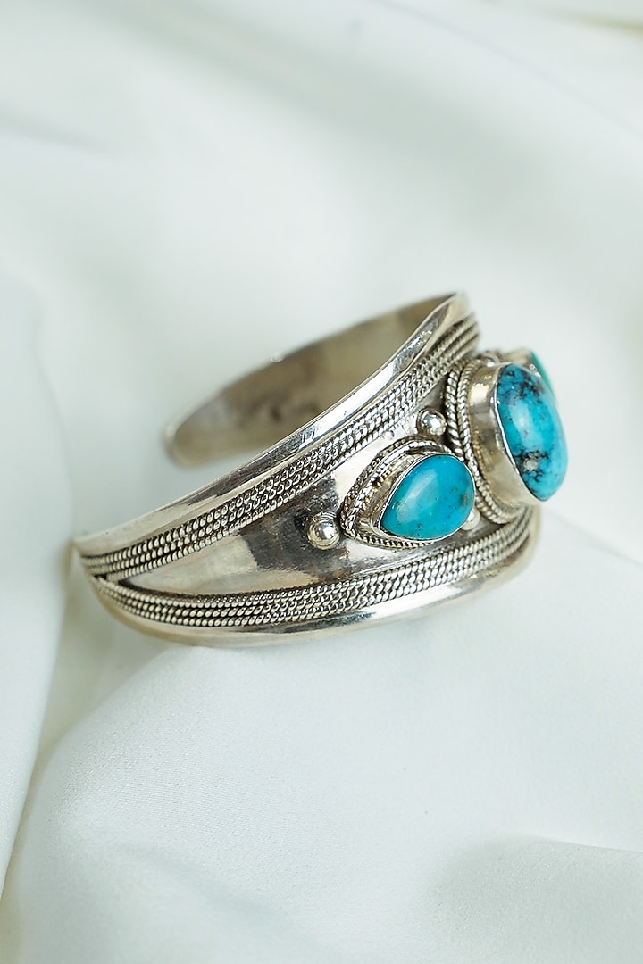 Silver Finish Turquoise Gemstones Openable Cuff In Sterling Silver by Swadeshi Pitara at Pernia's Pop Up Shop