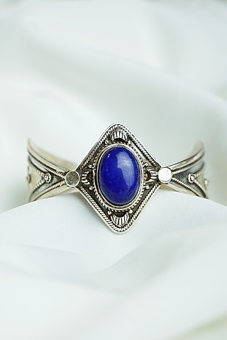 Silver Finish Blue Lapis Lazuli Gemstones Openable Cuff In Sterling Silver by Swadeshi Pitara
