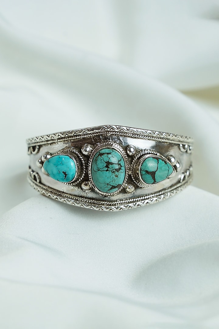 Silver Finish Turquoise Stone Openable Cuff In Sterling Silver by Swadeshi Pitara at Pernia's Pop Up Shop