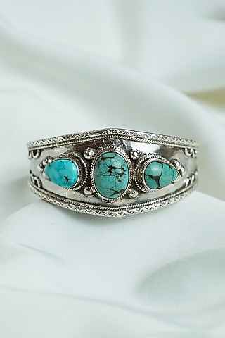 Silver Finish Turquoise Stone Openable Cuff In Sterling Silver by Swadeshi Pitara