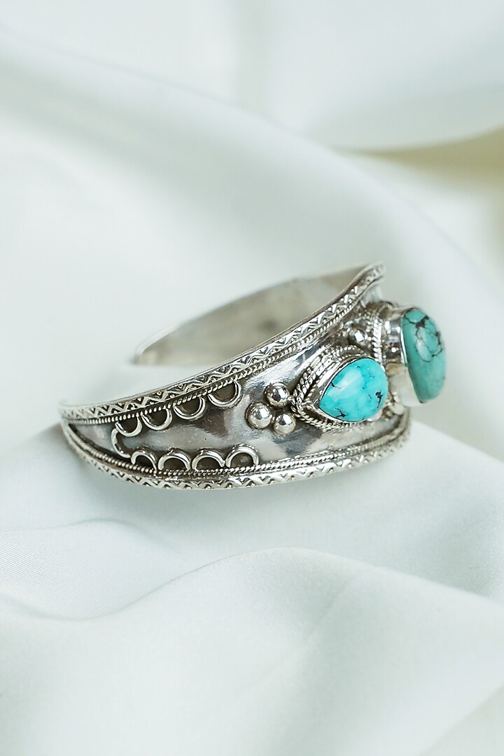 Silver Finish Turquoise Stone Openable Cuff In Sterling Silver by Swadeshi Pitara at Pernia's Pop Up Shop