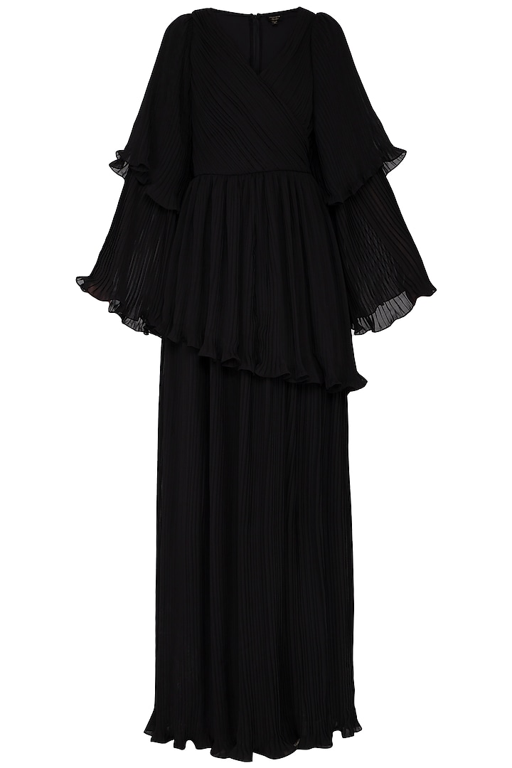 Black pleated peplum gown by Swatee Singh