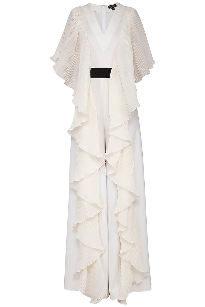 Ivory pleated drape jumpsuit by Swatee Singh