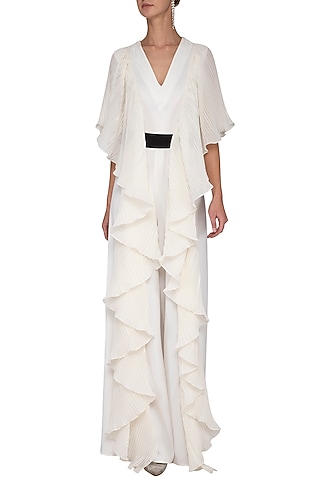 Ivory pleated drape jumpsuit by Swatee Singh