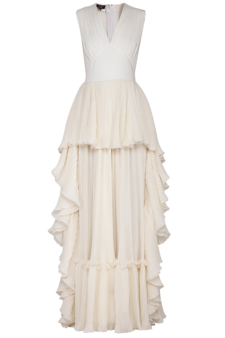 Ivory pleated frill gown by Swatee Singh
