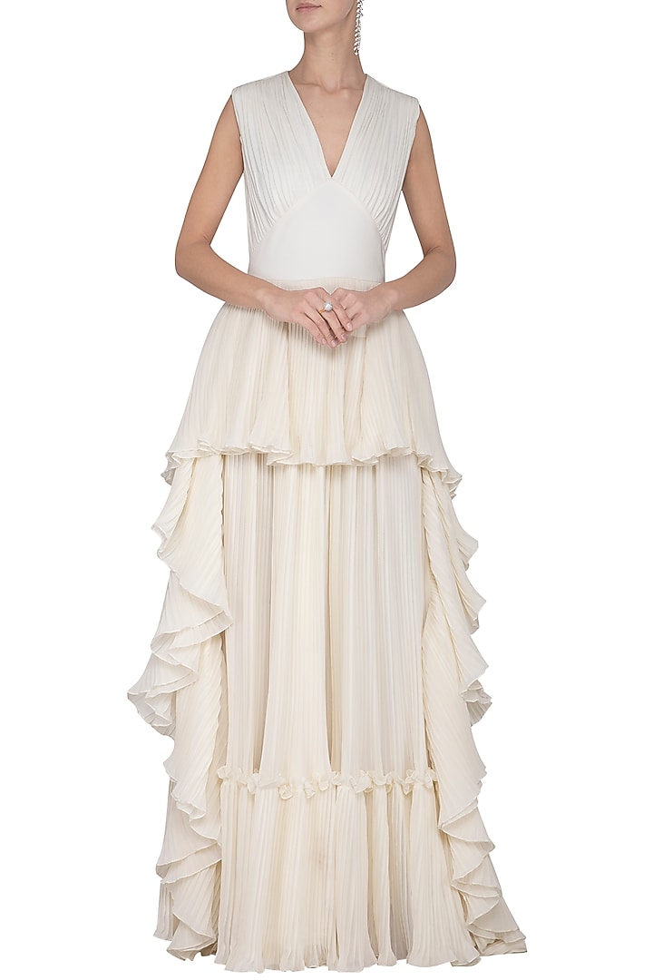 Ivory pleated frill gown by Swatee Singh at Pernia's Pop Up Shop