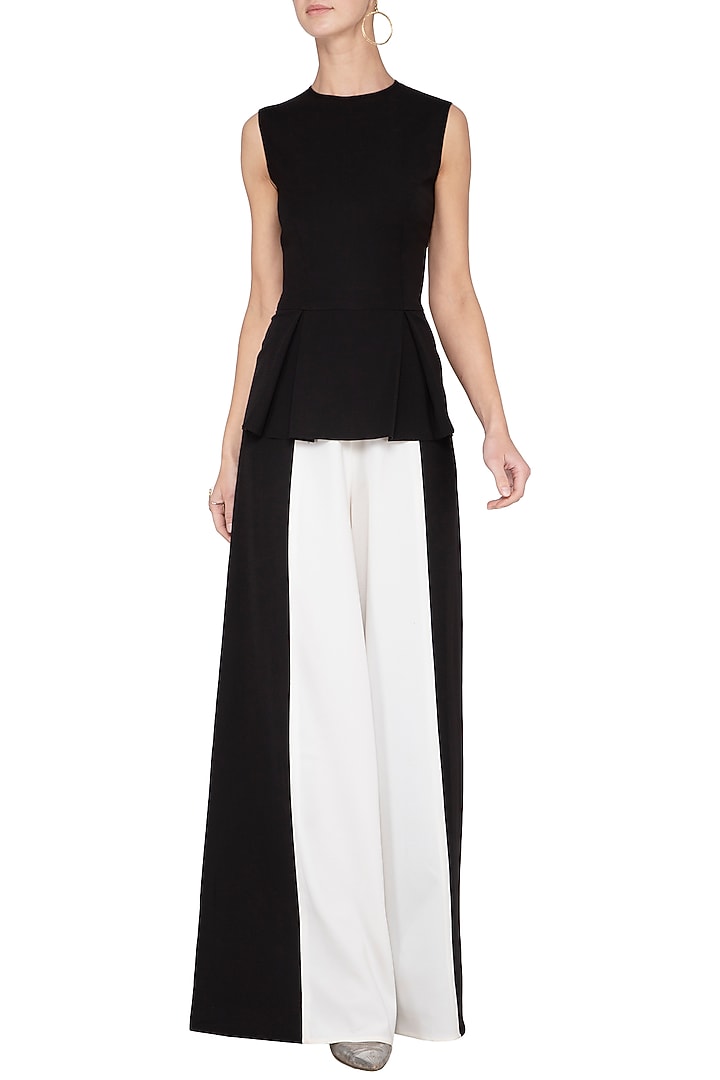 Black and ivory box pleated jumpsuit by Swatee Singh at Pernia's Pop Up Shop