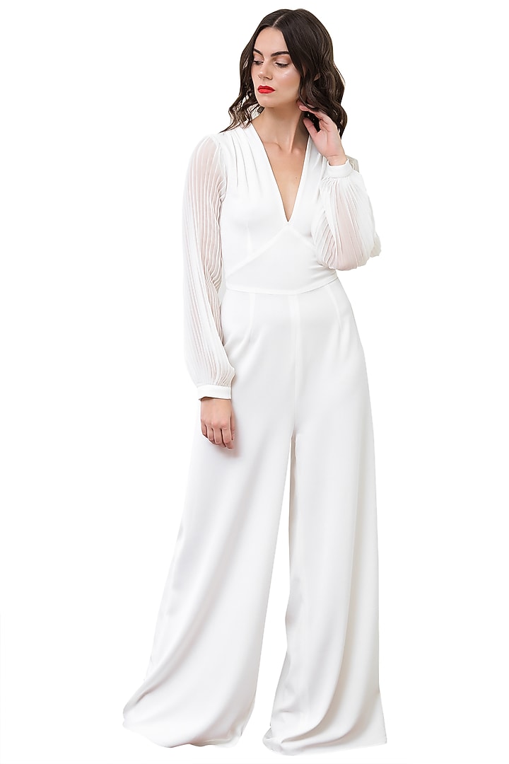 Ivory pleated sleeves jumpsuit by Swatee Singh at Pernia's Pop Up Shop