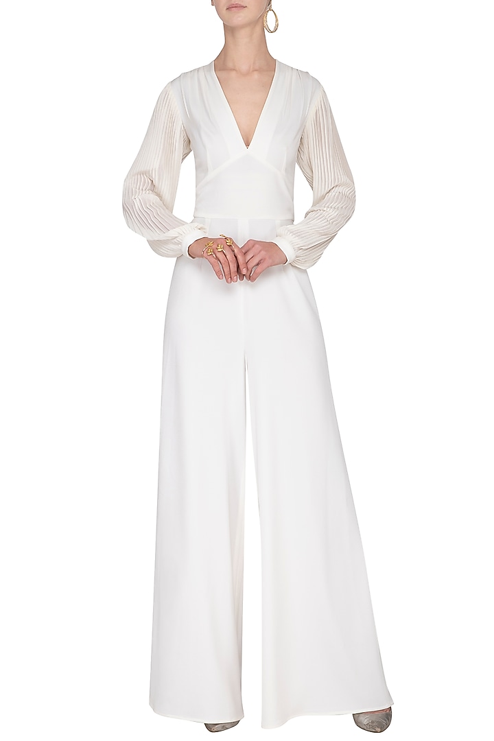 Ivory pleated sleeves jumpsuit by Swatee Singh at Pernia's Pop Up Shop