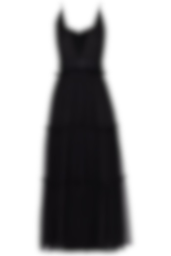 Black frill tiered strappy dress by Swatee Singh