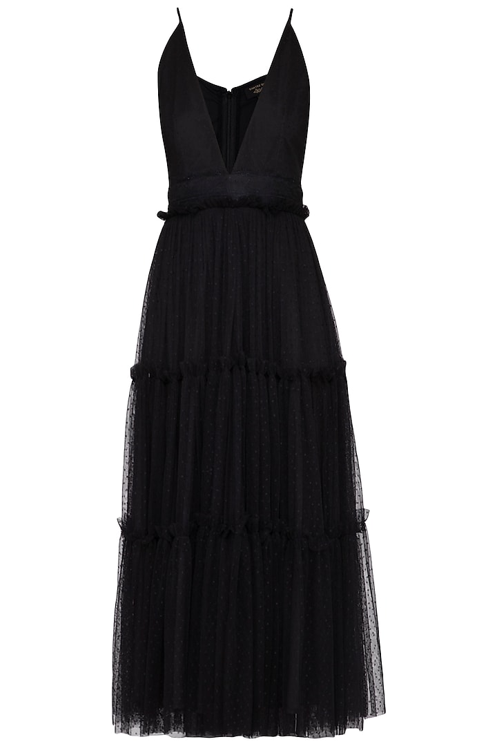Black frill tiered strappy dress by Swatee Singh