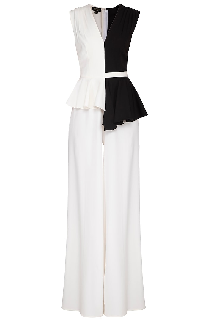Black and ivory pleated peplum jumpsuit by Swatee Singh