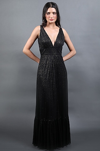 Black Swarovski Tulle Gown by Swatee Singh