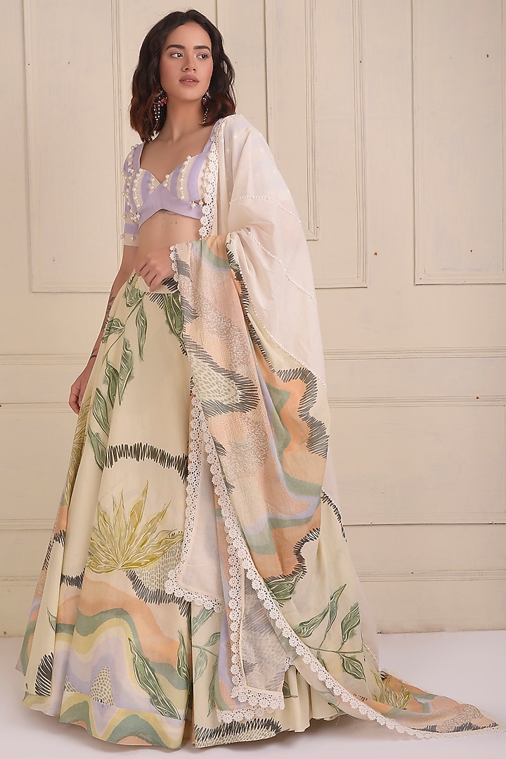 Ivory Organic Cotton Printed Lehenga Set by Shwetanga