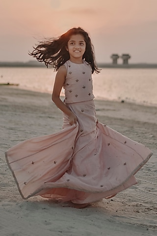 Pink Chanderi Hand Embroidered Lehenga Set For Girls by Swati Golyan