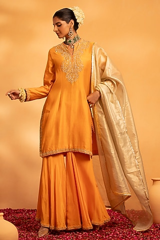 Mustard Yellow Chanderi Gharara Set by Swati Wadhwani Couture