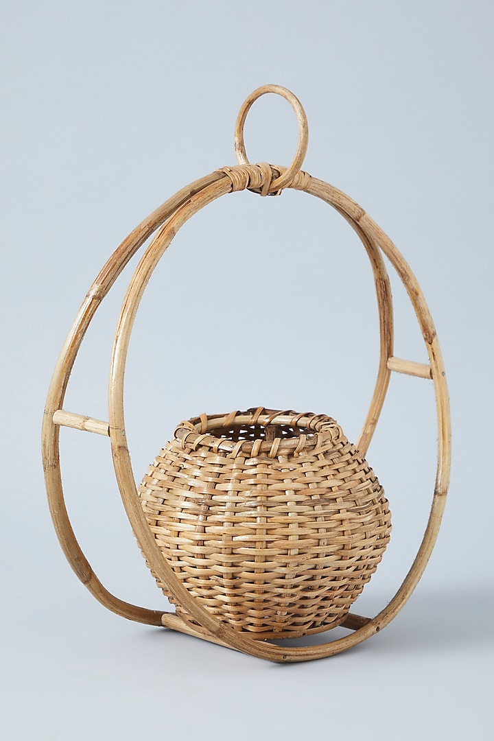 Beige Natural Rattan & Cane Handmade Hanging Planter by SYMETTRY
