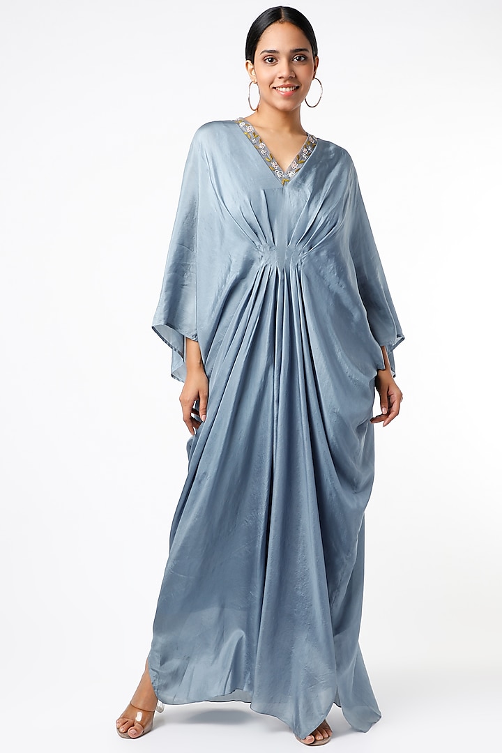 Chambray Blue Embroidered Kaftan Dress by Synonym