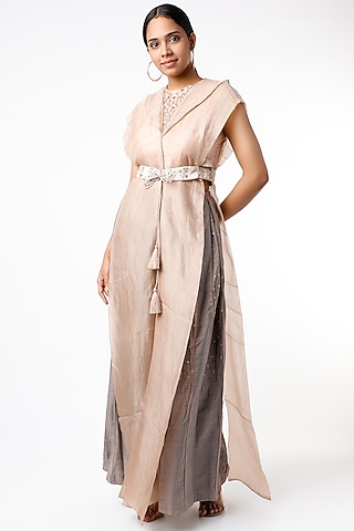 Blush Beige Embroidered Cape Jacket Set by Synonym