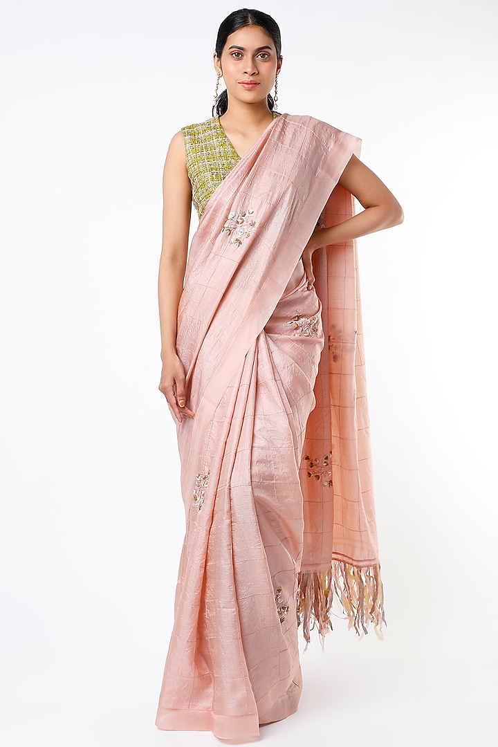 Peach Embroidered Hand-Pintucked Saree Set by Synonym
