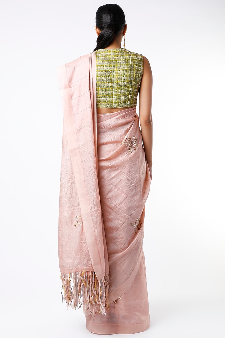 Peach Embroidered Hand-Pintucked Wedding Saree Set by Synonym at Pernia's Pop Up Shop