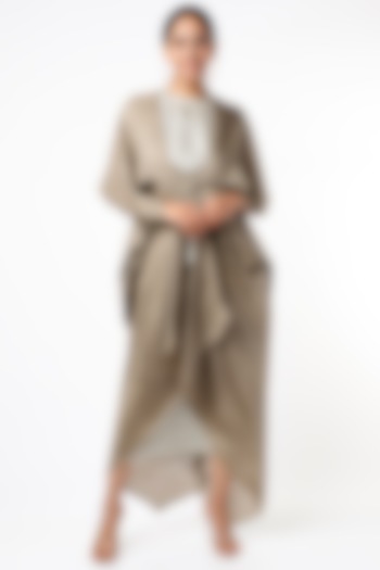 Beige & Grey Dress With Draped Jacket by Synonym