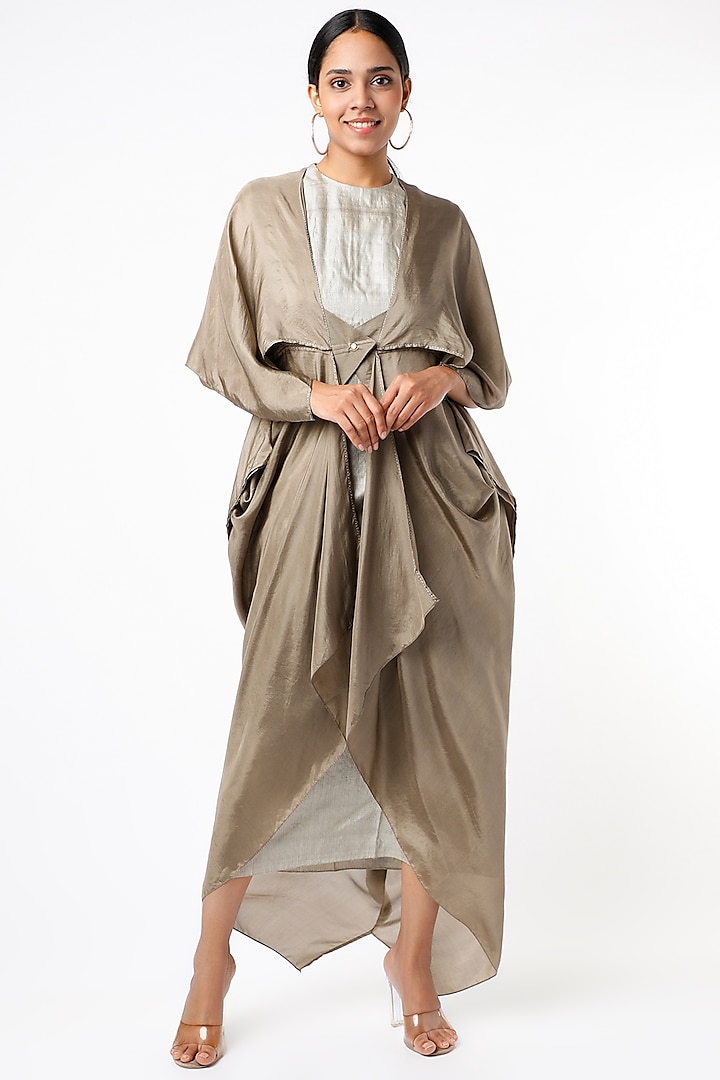 Beige & Grey Dress With Draped Jacket Design by Synonym at Pernia's Pop ...