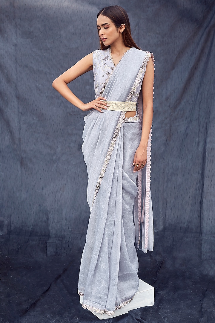 Grey Embroidered Draped Saree Set by Synonym